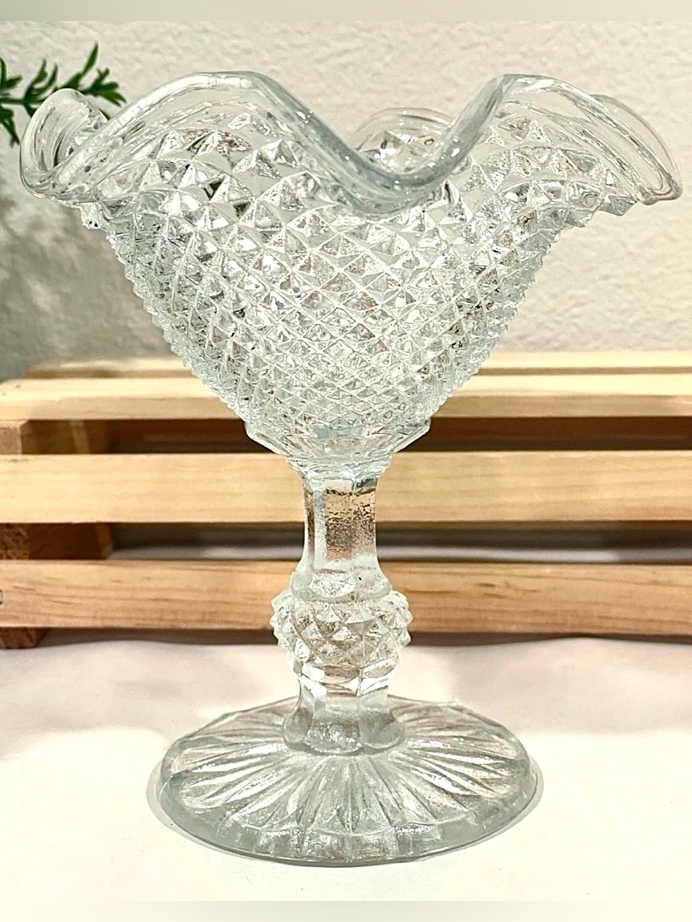 Vintage Clear Glass Diamond Point English Hobnail Pattern Compote w Fluted Rim